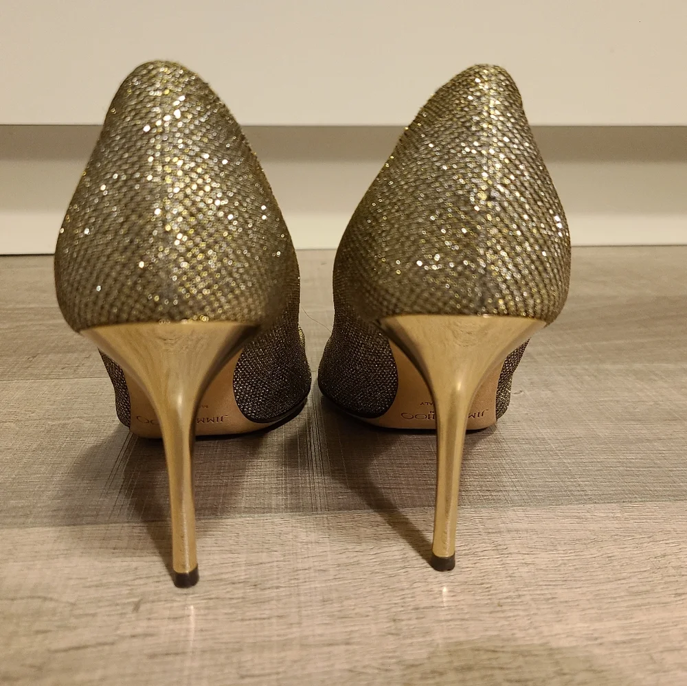 38.5 Jimmy Choo Peep-Toe Gold Pumps - Picture 3 of 9